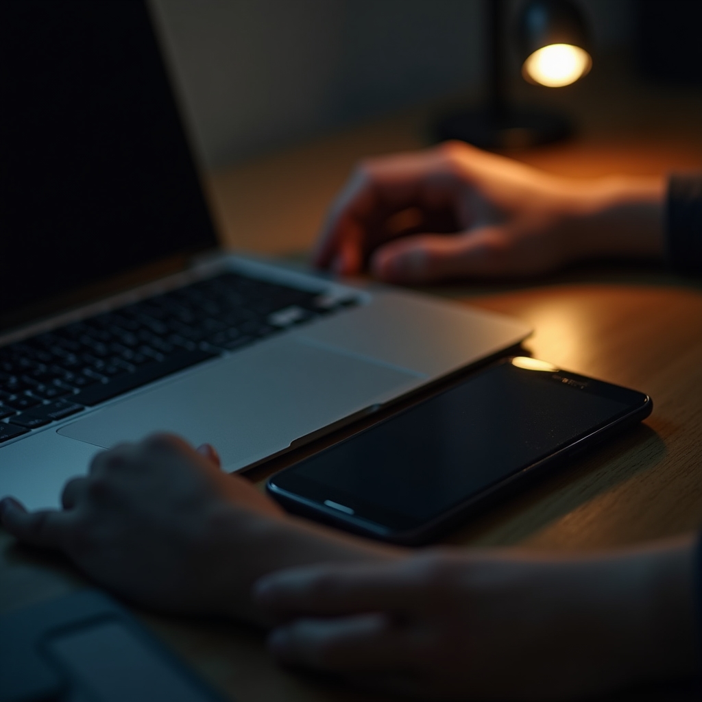 Telefon položený vedle klávesnice s rozsvíceným displejem